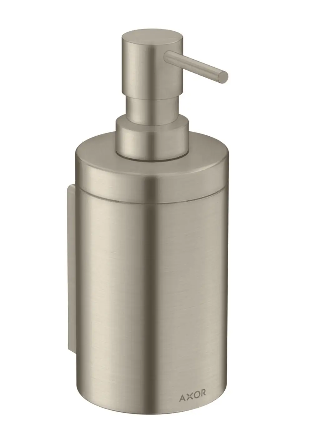 Metallischer Lotionenspender in gebürstetem Nickel-Finish, an der Wand montiert. Mit einem Pumpmechanismus und der Marke AXOR deutlich sichtbar.